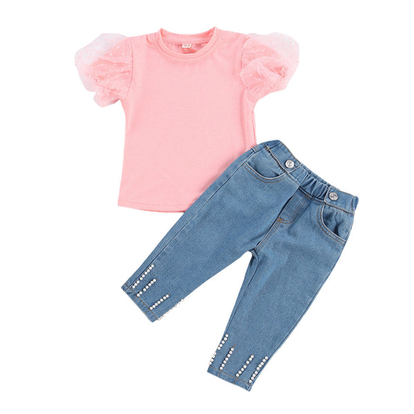 Lace Puff Pearl Denim Pants